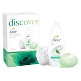 Подаръчен комплект Dove Discover Body Favorites Collection - Душ гел Fresh Care, 250 мл + твърд освежаващ козметичен крем сапун, 90 гр + душ пуф