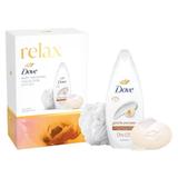 Подаръчен комплект Dove Relax Body Favorites Collection - душ гел Gentle Pamper, 250 мл + твърд подхранващ козметичен крем сапун, 90 гр + душ пуф