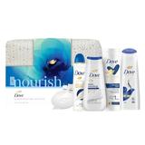 Подаръчен комплект Dove Nourish Ultimate Beauty - дълбоко подхранващ душ гел, 225 мл + мляко за тяло Body Love Essential Care, 250 мл + шампоан за интензивно възстановяване, 250 мл + оригинален твърд сапун за красота, 90 гр