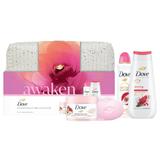 Подаръчен комплект Dove Awaken Ultimate Beaty - Възстановяващ душ гел Advanced Care, 225 мл + спрей дезодорант с нар Advanced Care, 150 мл + скраб от семена от нар и карите, 225 мл + розов крем сапун, 90 гр